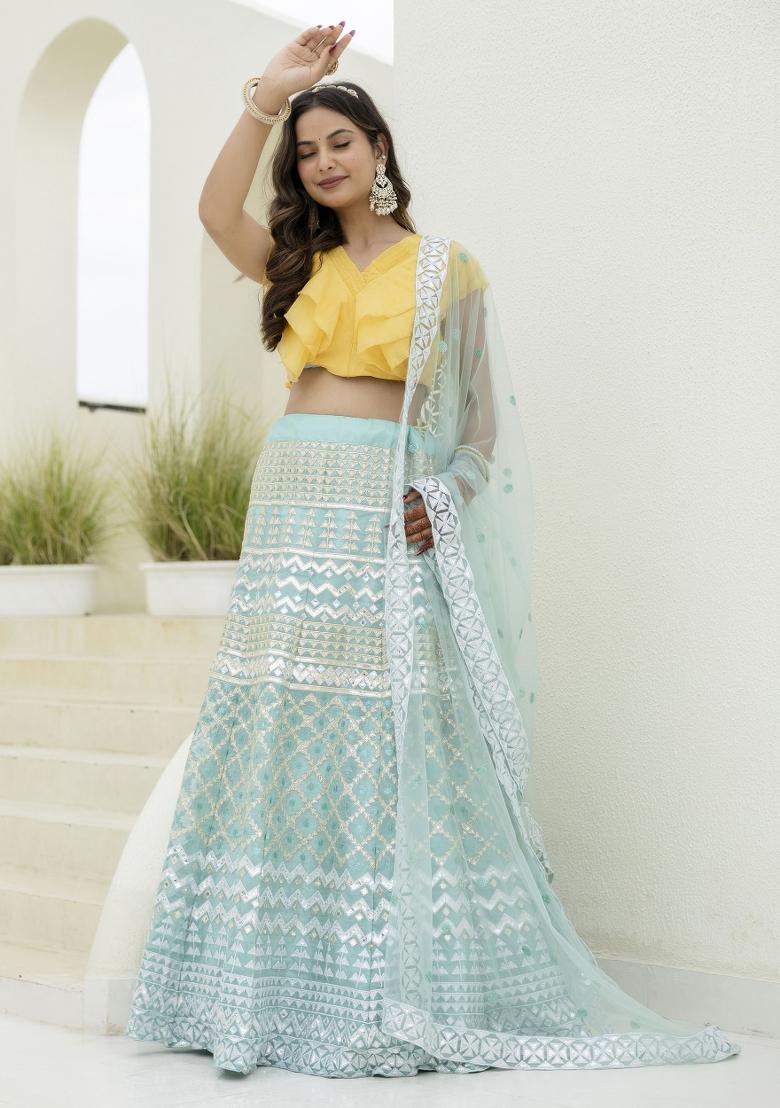Sky Blue Embroidered Blended Lehenga - Indya