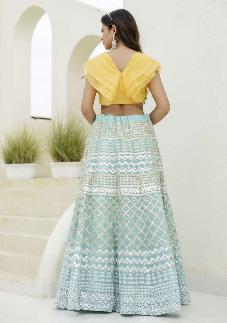 Sky Blue Blended Lehenga with Embroidered for Diwali | Wedding & Festive Wear - Indya