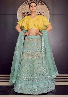 Sky Blue Embroidered Blended Lehenga