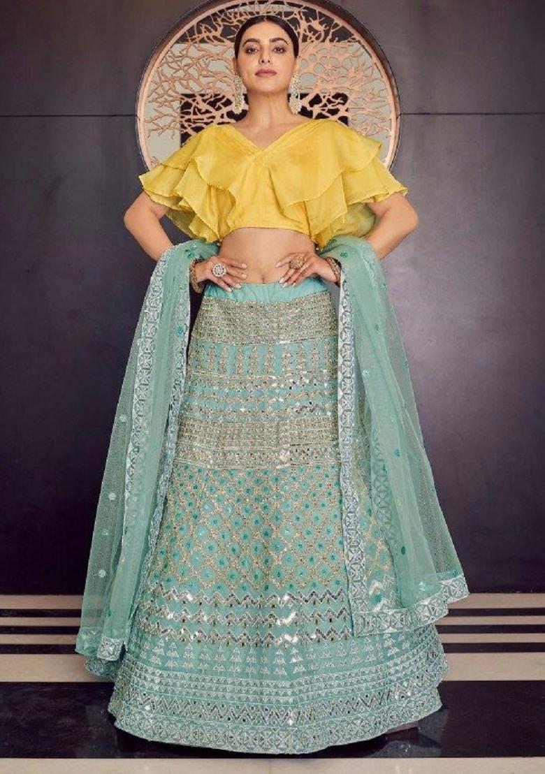 Sky Blue Embroidered Blended Lehenga