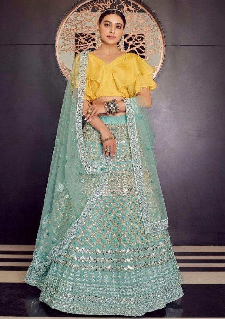 Sky Blue Embroidered Blended Lehenga - Indya
