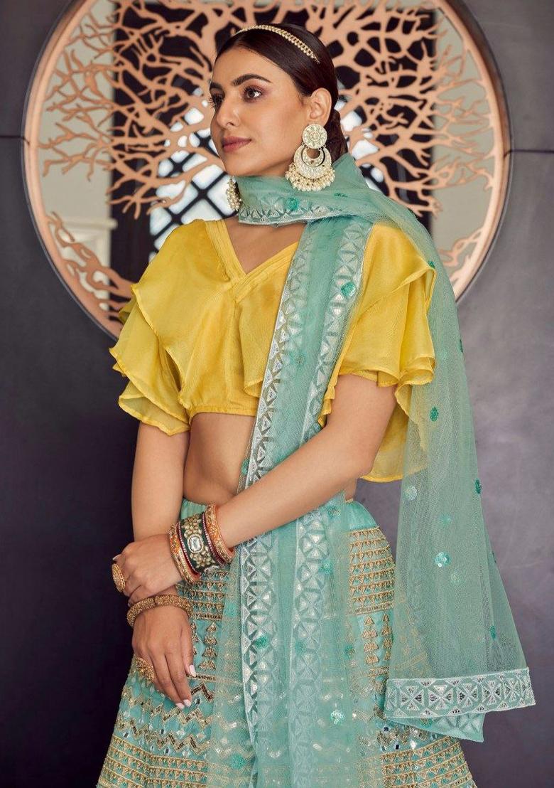 Sky Blue Embroidered Blended Lehenga