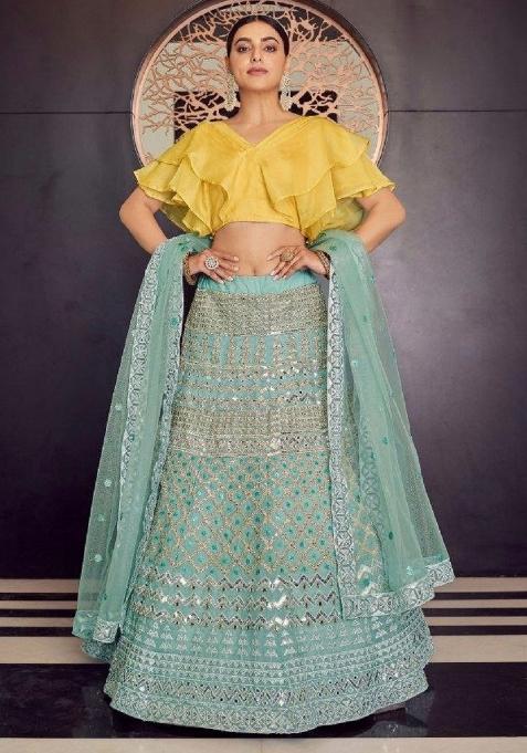 Sky Blue Embroidered Blended Lehenga