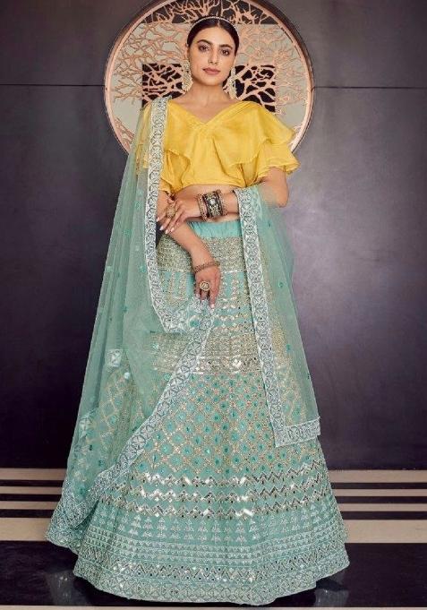 Sky Blue Embroidered Blended Lehenga