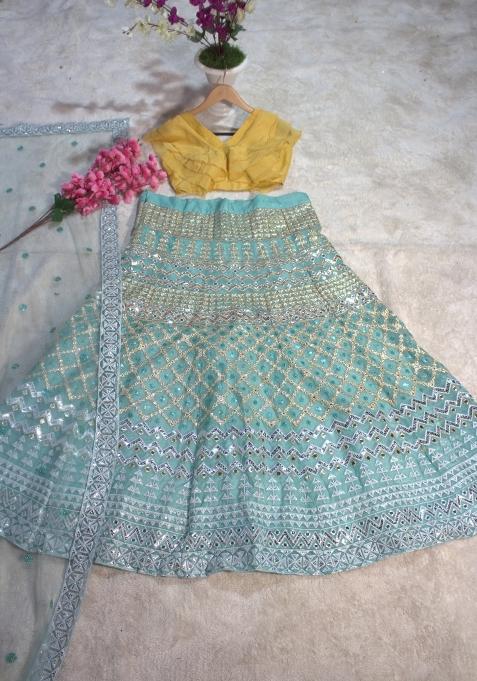 Sky Blue Embroidered Blended Lehenga