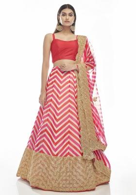 Red Embroidered Blended Lehenga