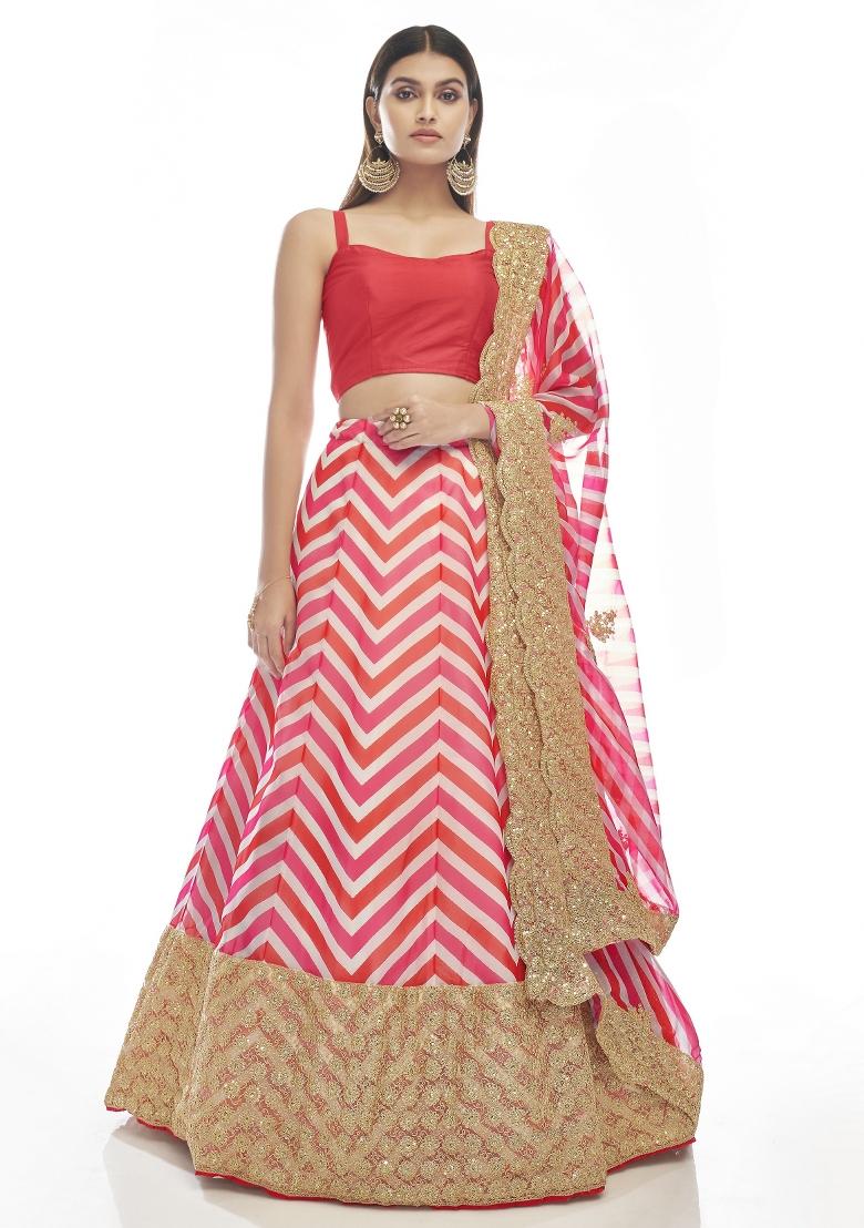 Red Embroidered Blended Lehenga