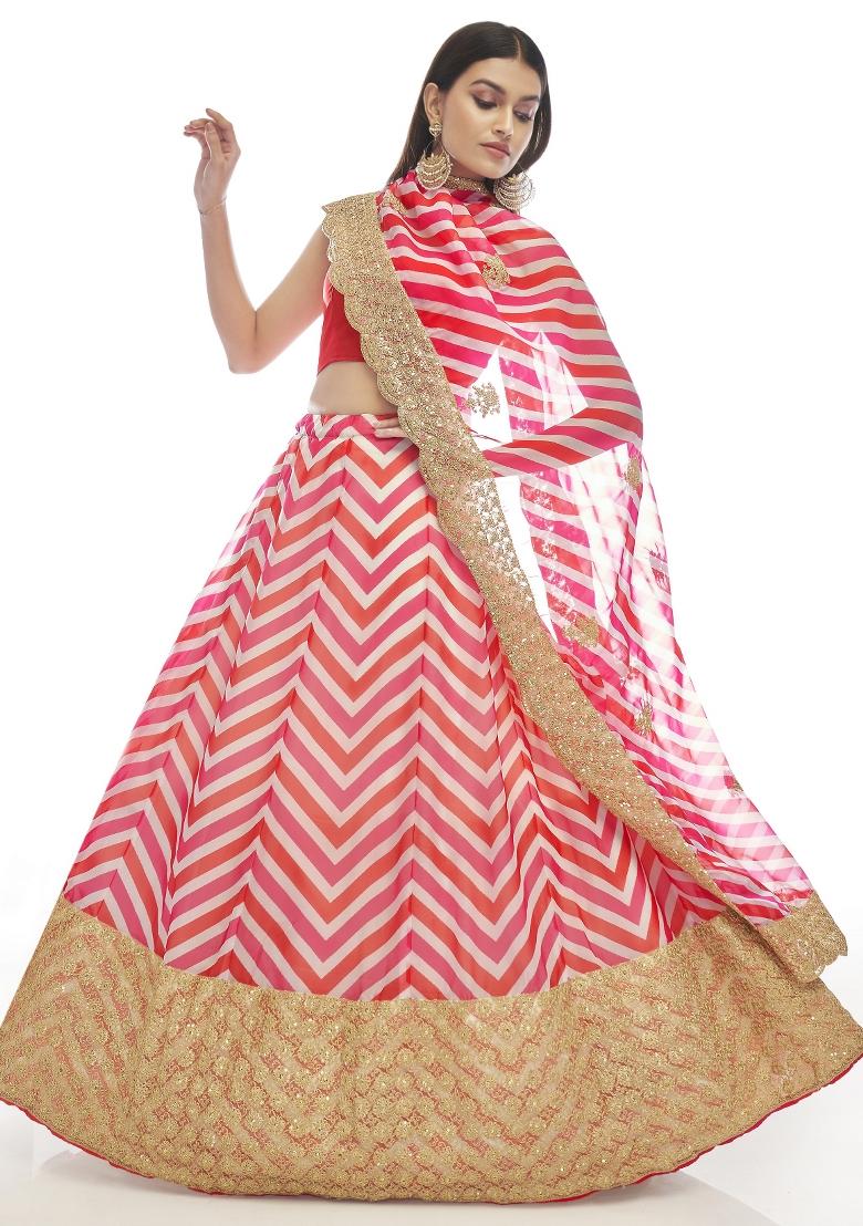 Red Embroidered Blended Lehenga - Indya