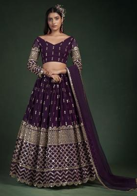 Wine Embroidered Blended Lehenga