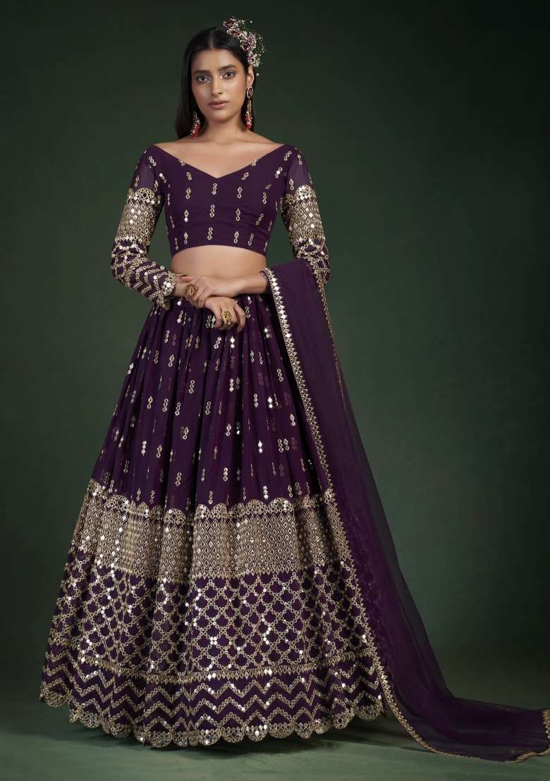 Wine Embroidered Blended Lehenga for Diwali and Festive Wear - Indya