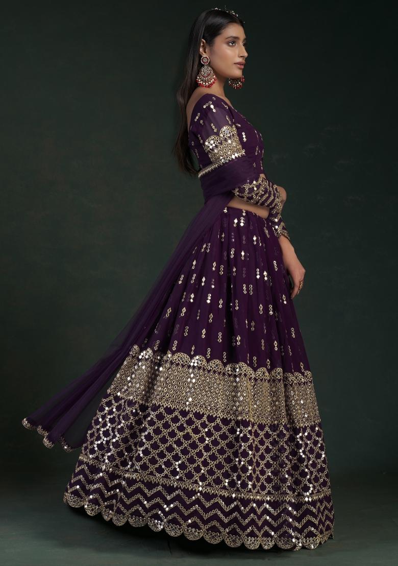 Wine Embroidered Blended Lehenga - Indya