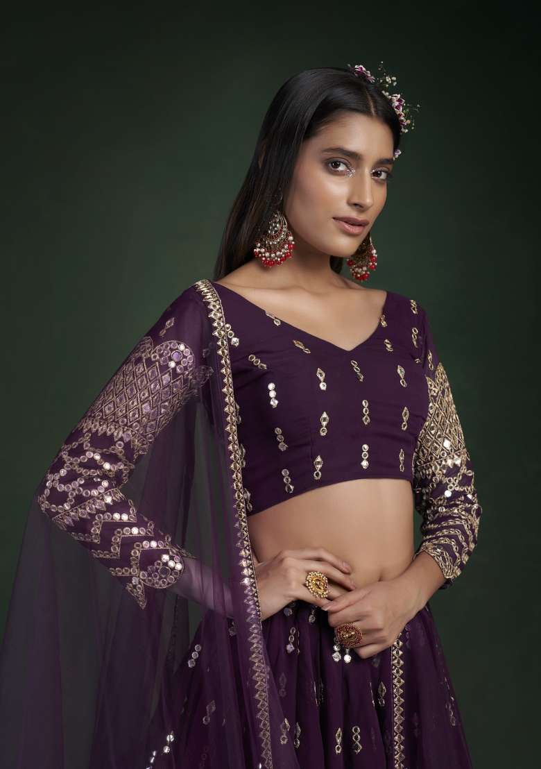 Wine Embroidered Blended Lehenga for Diwali and Festive Wear - Indya