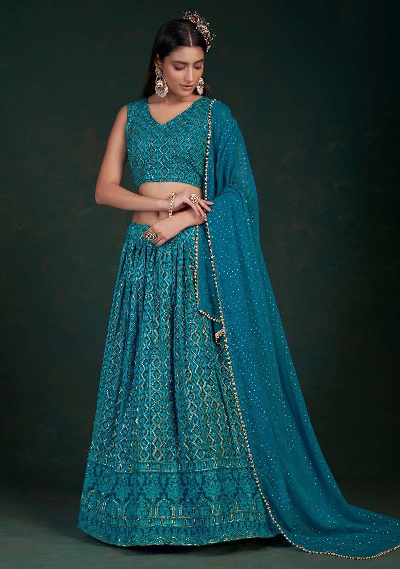 Blue Embroidered Blended Lehenga for Diwali and Festive Wear - Indya