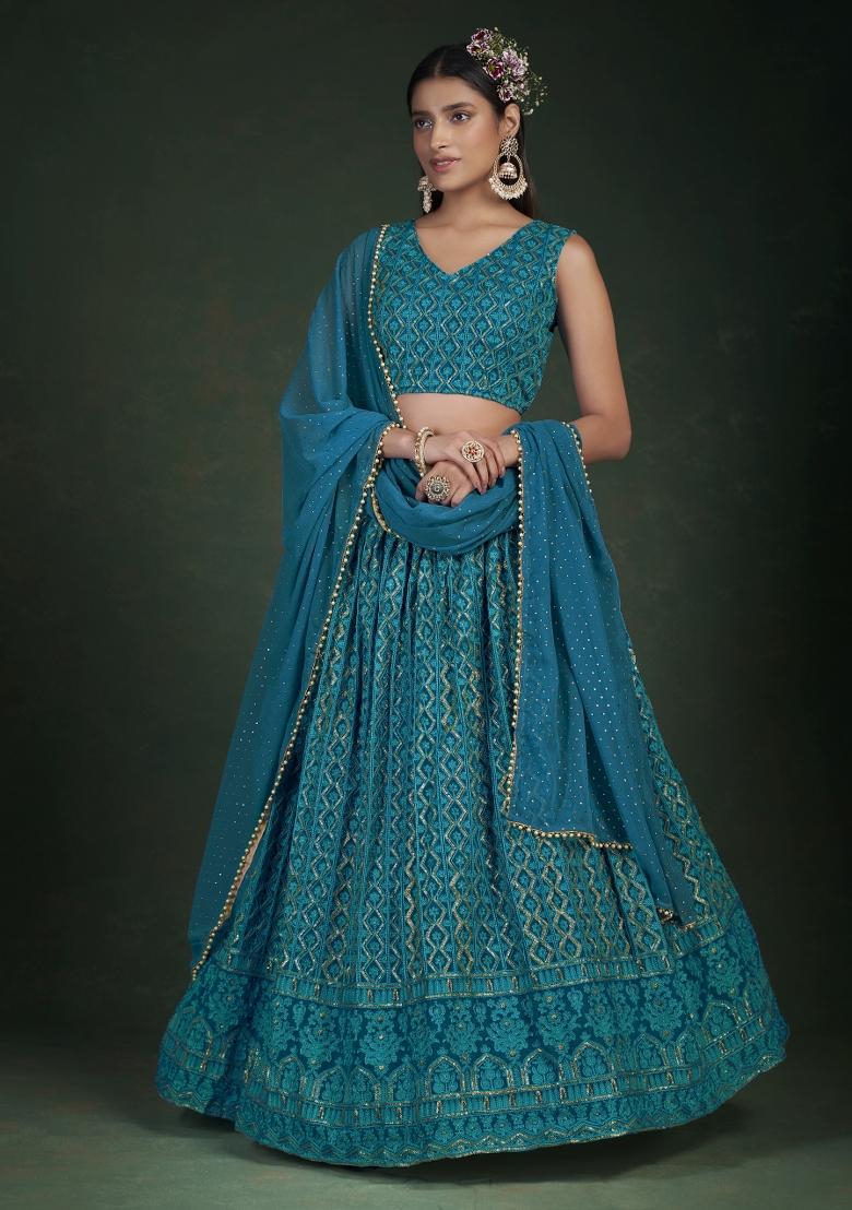 Blue Embroidered Blended Lehenga - Indya