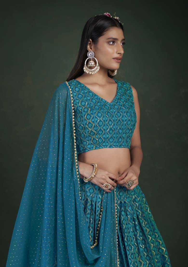 Blue Embroidered Blended Lehenga for Diwali and Festive Wear - Indya