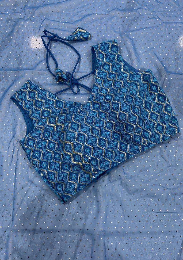 Blue Embroidered Blended Lehenga - Indya