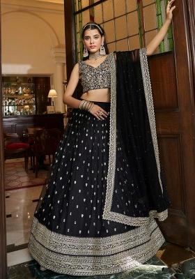 Black Embroidered Blended Lehenga