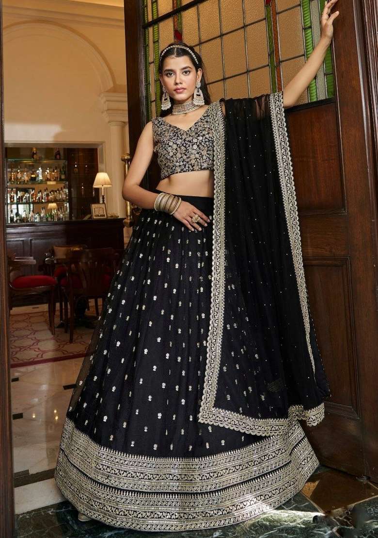 Black Blended Lehenga with Embroidered for Diwali | Wedding & Festive Wear - Indya