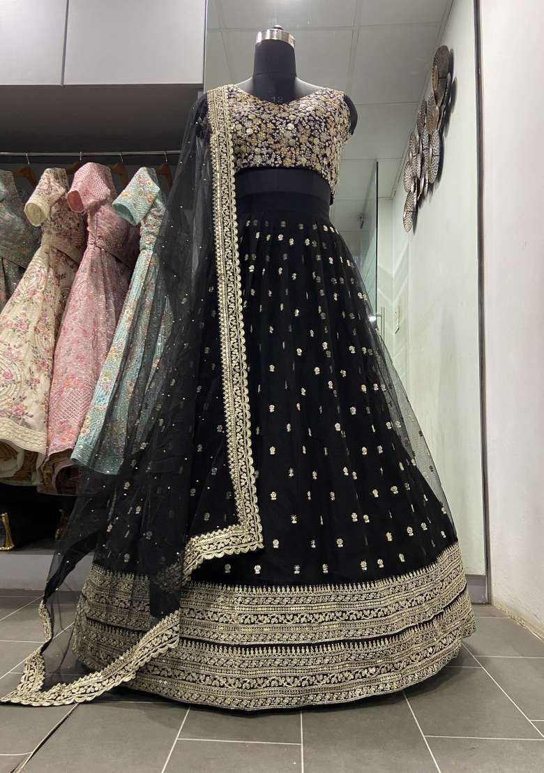 Black Blended Lehenga with Embroidered for Diwali | Wedding & Festive Wear - Indya
