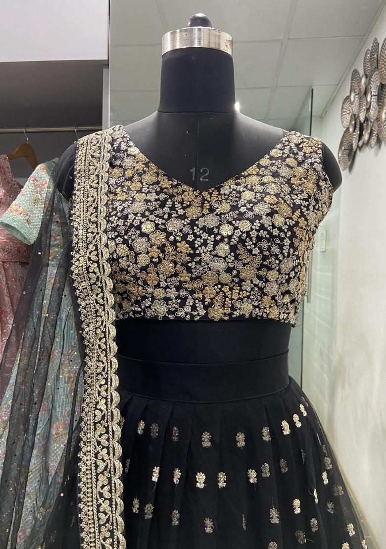 Black Embroidered Blended Lehenga - Indya