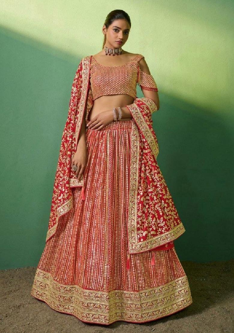 Red Embroidered Blended Lehenga