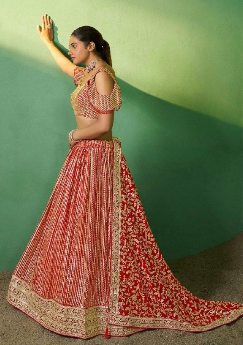 Red Embroidered Blended Lehenga - Indya