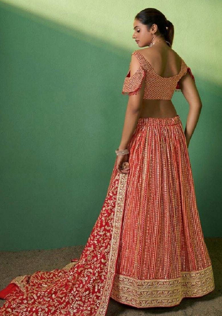 Red Embroidered Blended Lehenga