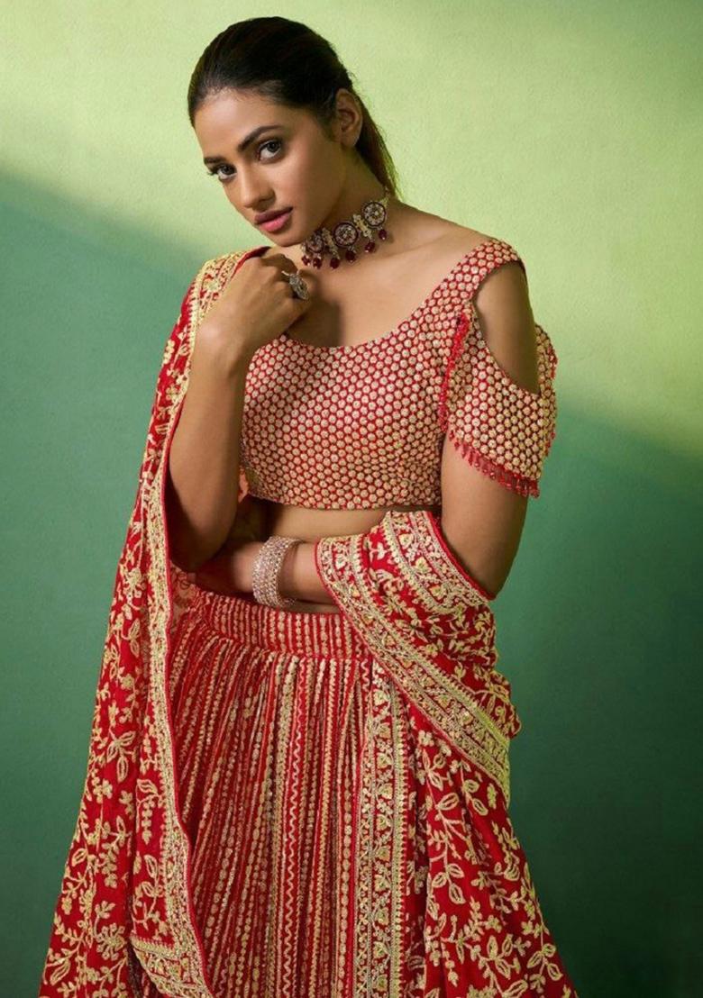 Red Embroidered Blended Lehenga - Indya