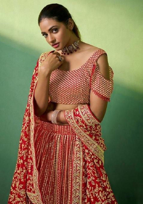 Red Embroidered Blended Lehenga
