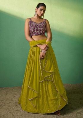 Green Embroidered Blended Lehenga