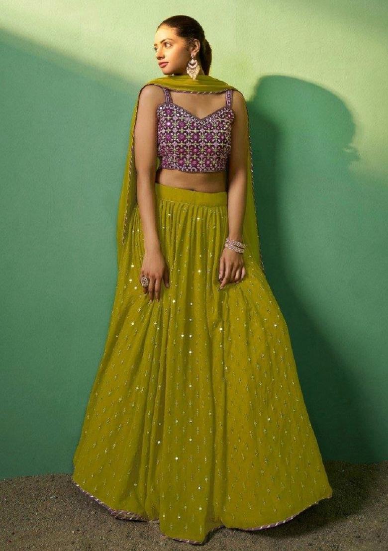 Green Embroidered Blended Lehenga - Indya