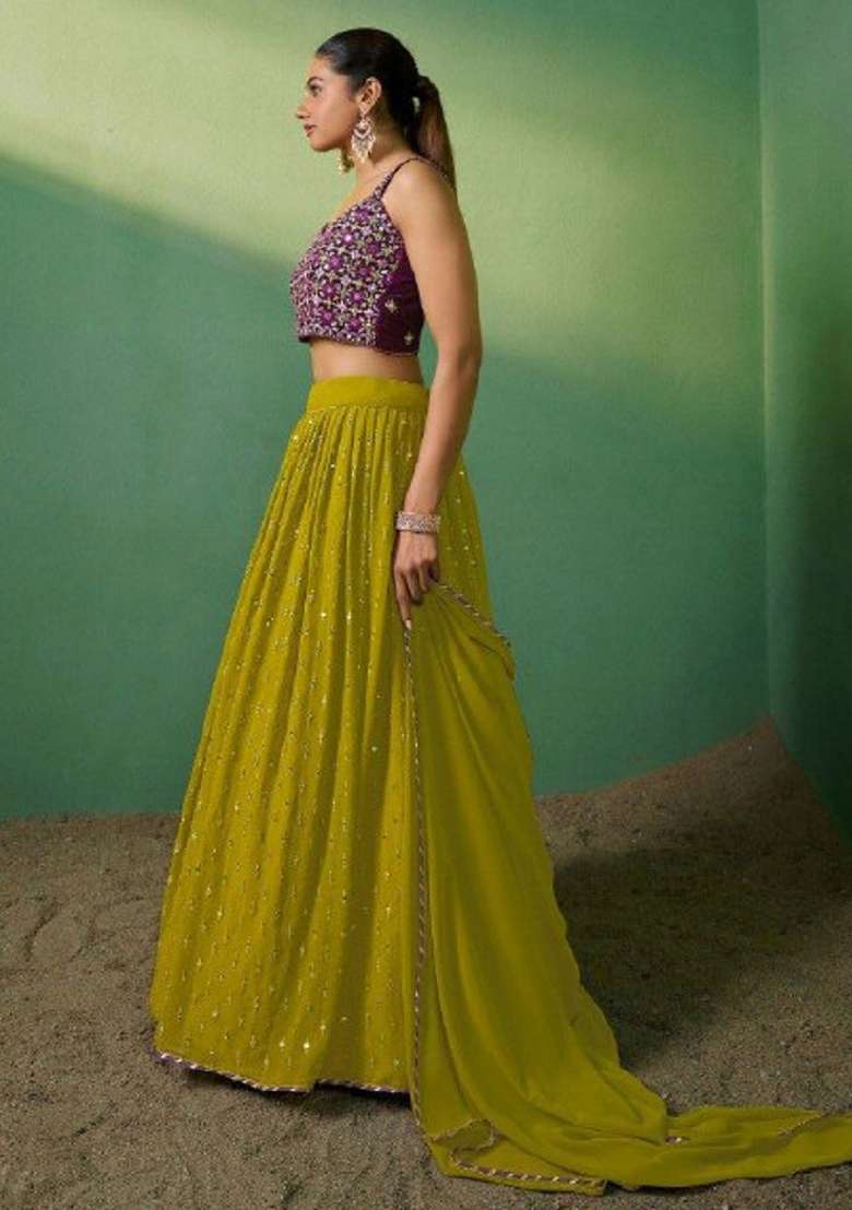 Green Blended Lehenga with Embroidered for Diwali | Wedding & Festive Wear - Indya