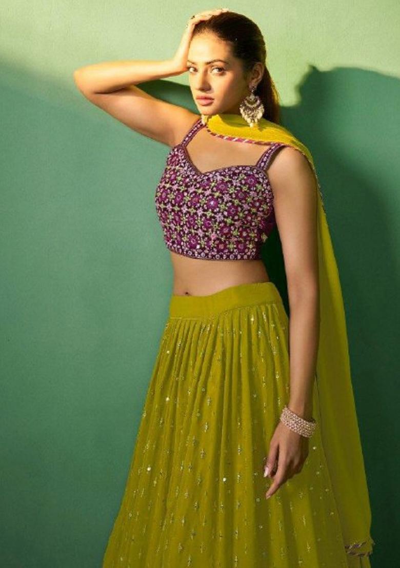 Green Embroidered Blended Lehenga - Indya