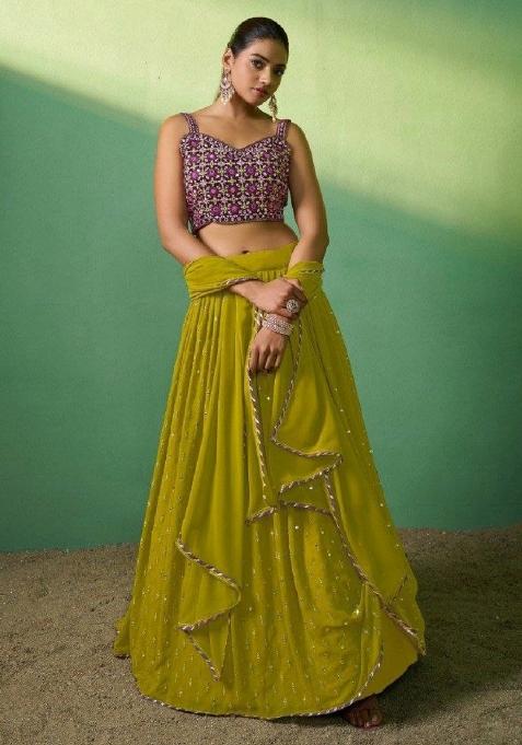 Green Embroidered Blended Lehenga