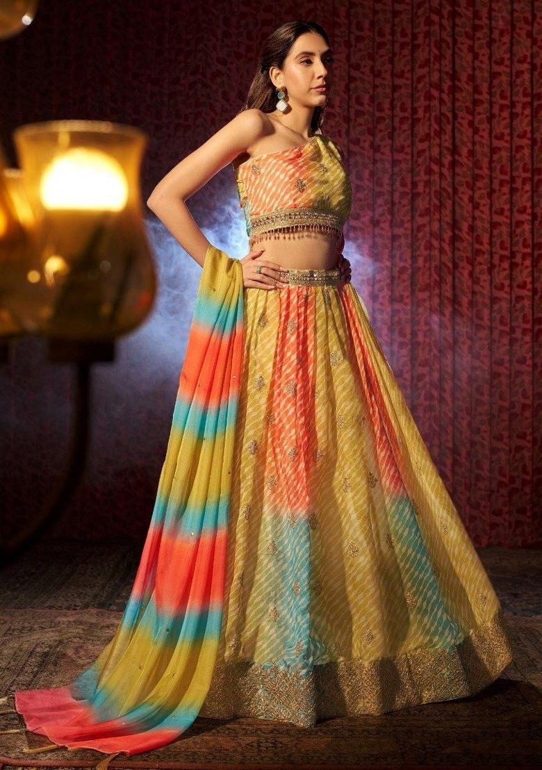 Multicolor Embroidered Blended Lehenga - Indya
