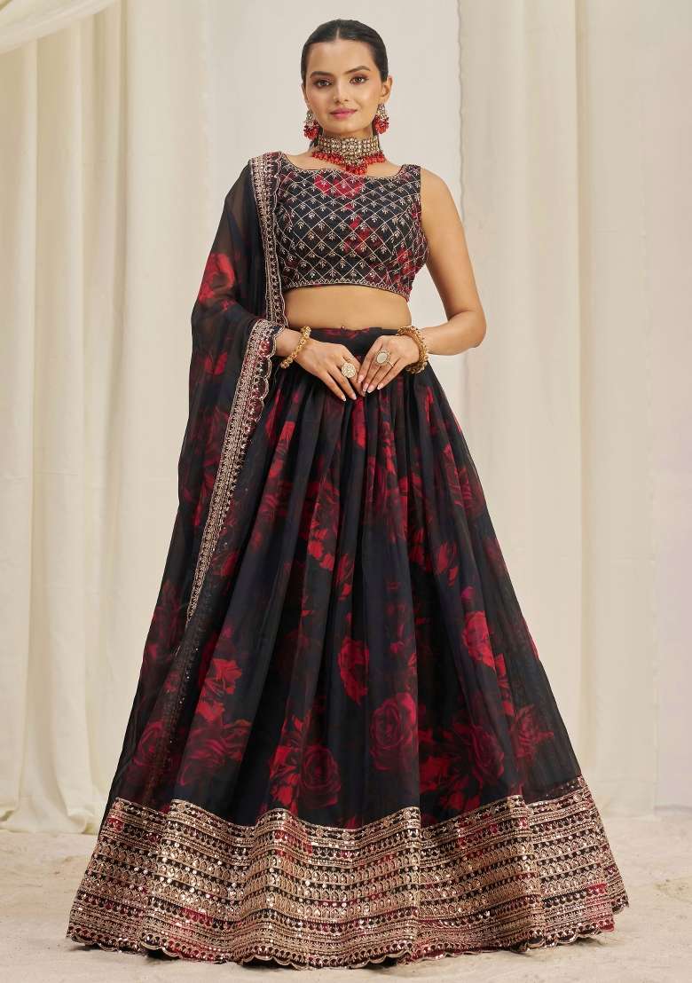 Black Blended Lehenga with Embroidered for Diwali | Wedding & Festive Wear - Indya