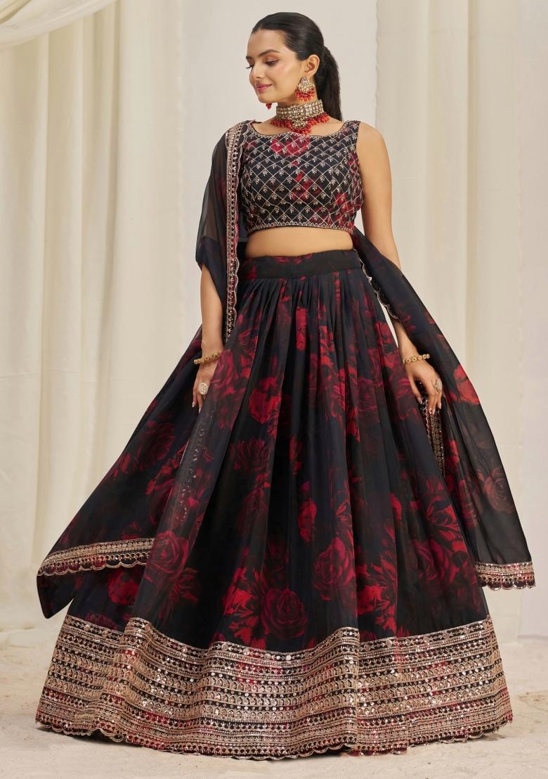 Black Embroidered Blended Lehenga - Indya