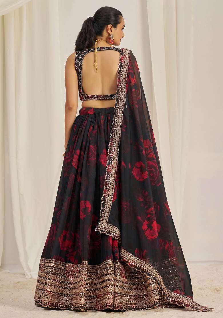 Black Blended Lehenga with Embroidered for Diwali | Wedding & Festive Wear - Indya