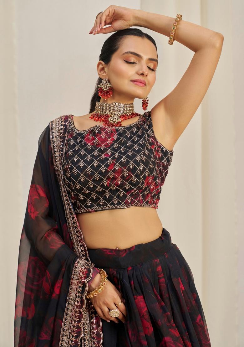 Black Embroidered Blended Lehenga - Indya