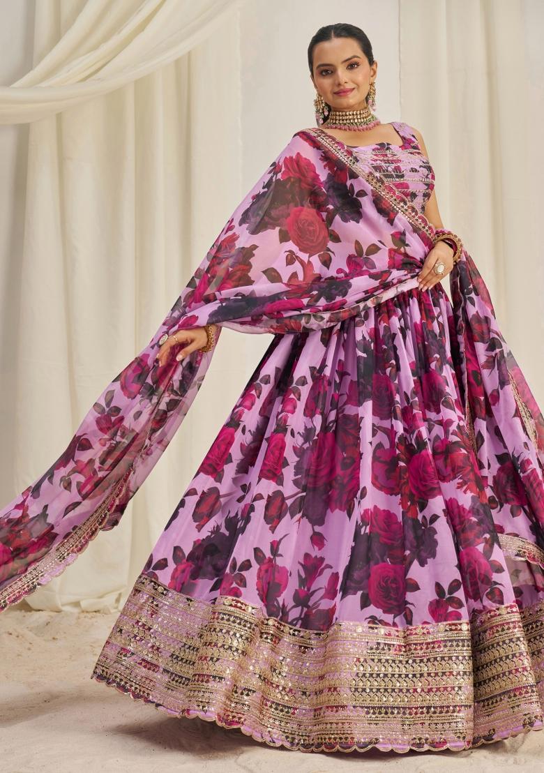 Lavender Embroidered Blended Lehenga - Indya