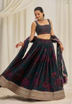 Teal Blue Embroidered Blended Lehenga