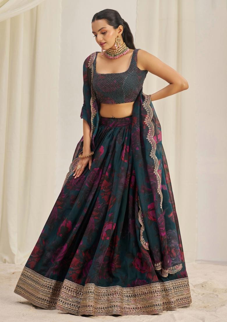 Teal Blue Embroidered Blended Lehenga - Indya