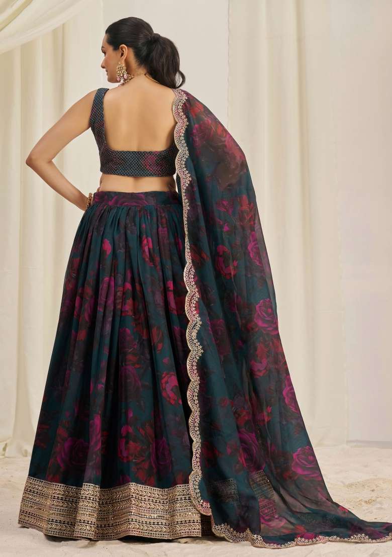 Teal Blue Blended Lehenga with Embroidered for Diwali | Wedding & Festive Wear - Indya