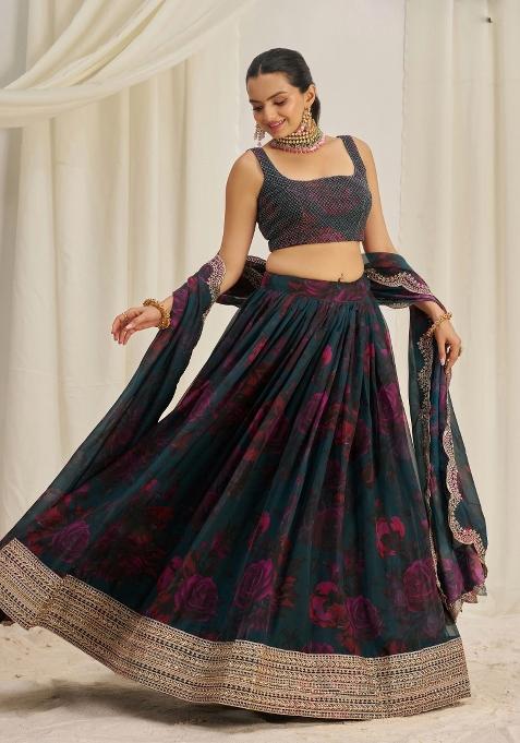 Teal Blue Embroidered Blended Lehenga