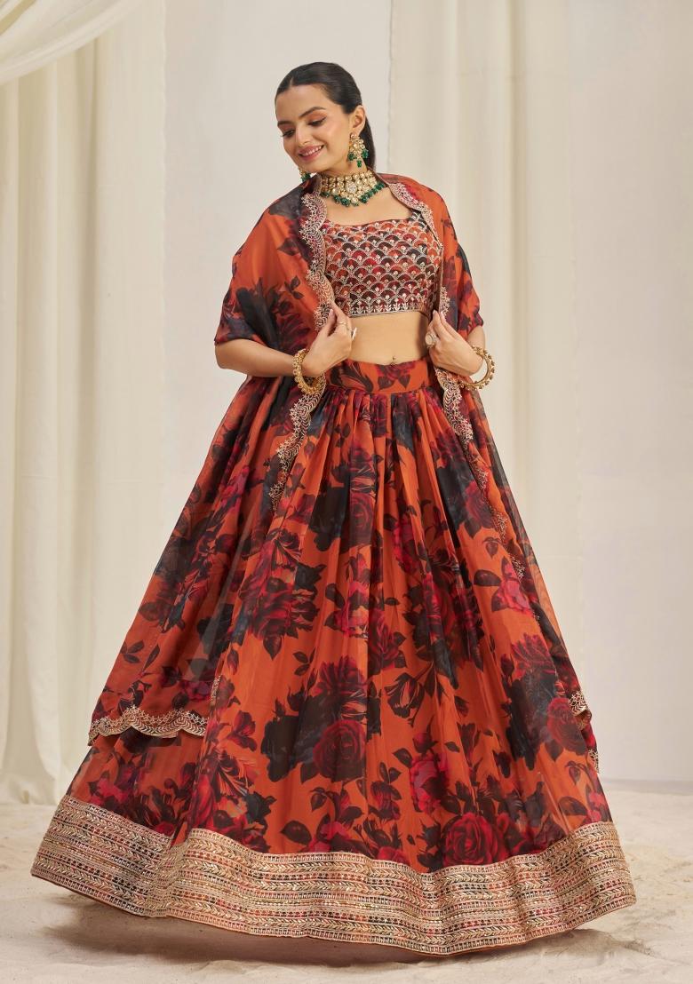 Rust Brown Embroidered Blended Lehenga - Indya