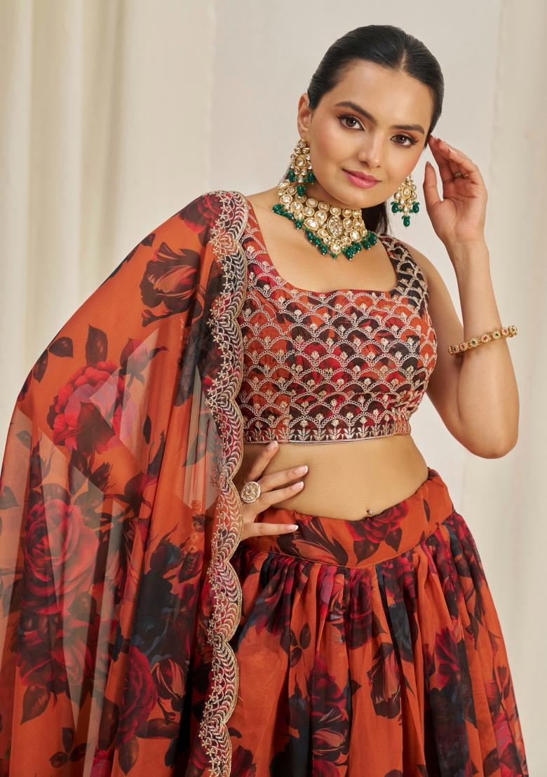 Rust Brown Embroidered Blended Lehenga - Indya