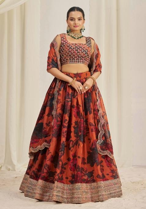 Rust Brown Embroidered Blended Lehenga