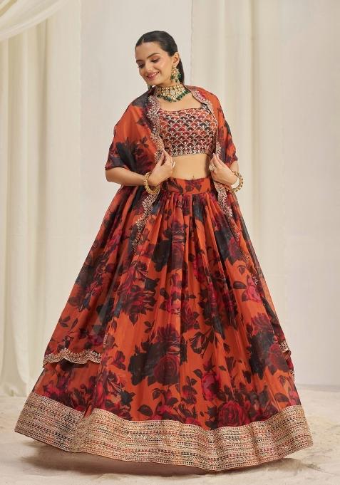 Rust Brown Embroidered Blended Lehenga