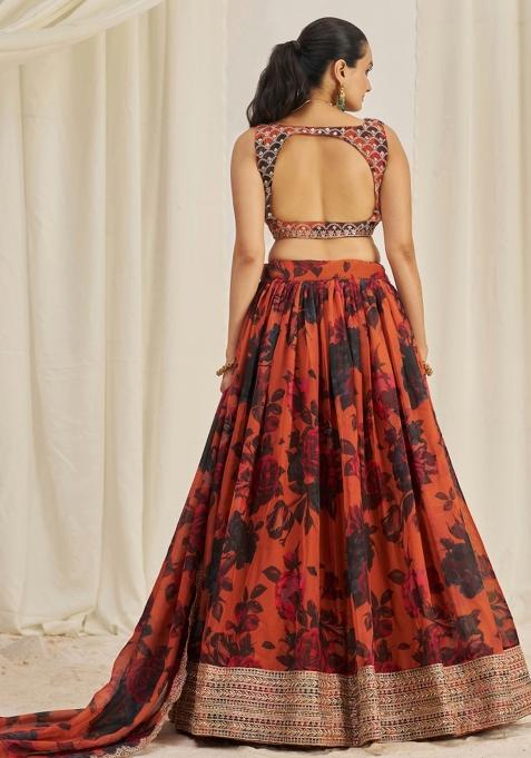 Rust Brown Embroidered Blended Lehenga