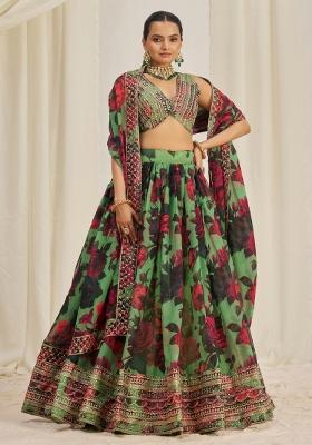Green Embroidered Blended Lehenga